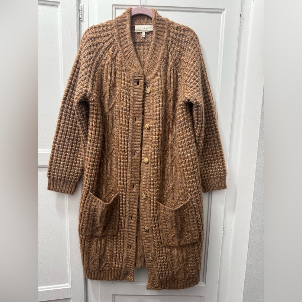 THE GREAT The Long Cable Cardigan in Caramel - Picture 2 of 11